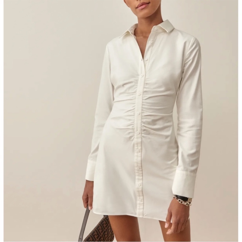 Reformation 2 Vicki White Long Sleeve Ruched Mini Dress Button Down